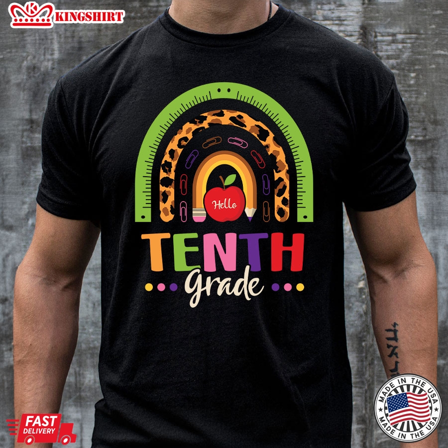 Hello Tenth Grade Teacher Rainbow Leopard Back To School T-Shirt