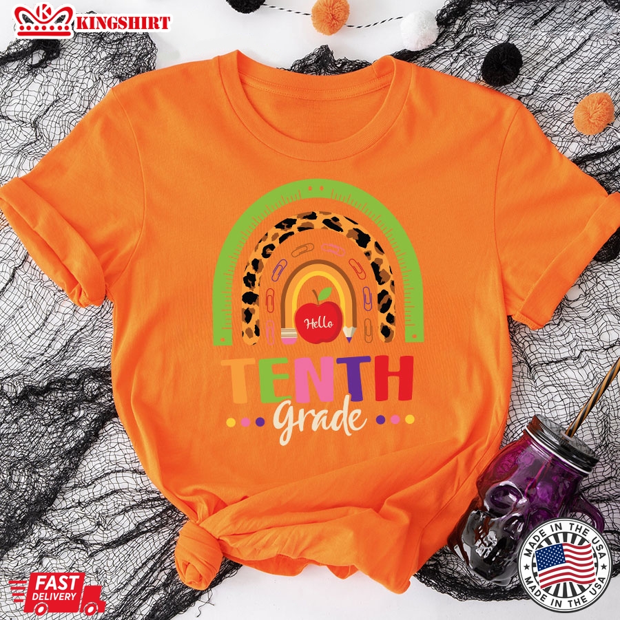 Hello Tenth Grade Teacher Rainbow Leopard Back To School T-Shirt