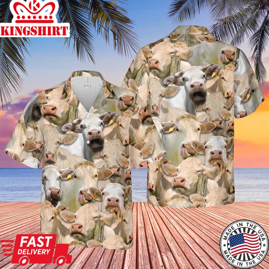 Herd Of Charolais All Over Printed 3D Trendy Hawaiian Shirt, Farm Cow Trendy Hawaiian Shirt For Men And Women