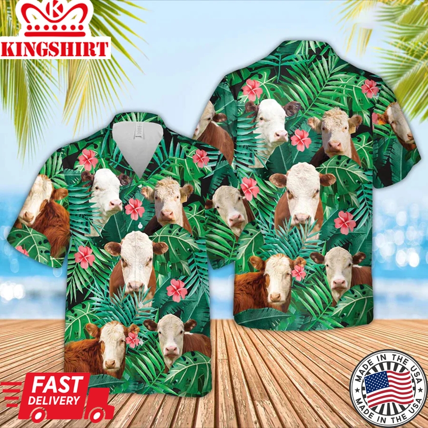 Hereford 2 Cow Trendy Hawaiian Shirt, Farmer Trendy Hawaiian Shirts, Summer Tropical Shirts, Gift For Him, Funny Trendy Hawaiian Shirts