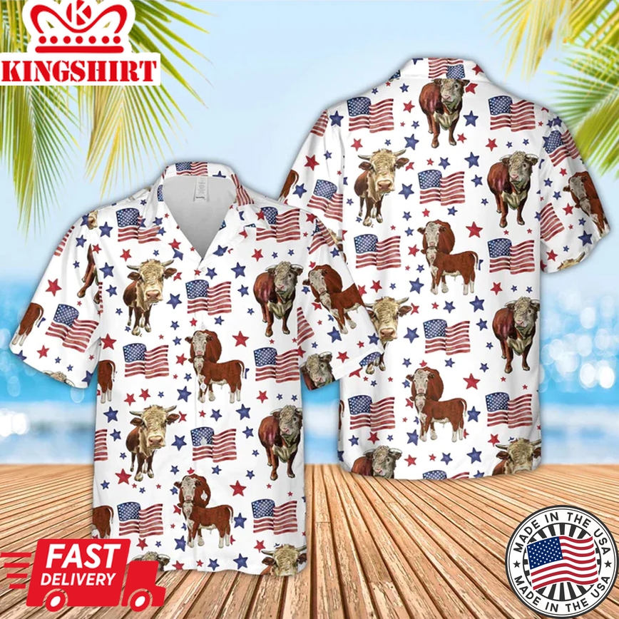 Hereford American Flag Pattern Trendy Hawaiian Shirt For Men And Women, 4Th Of July Trendy Hawaiian Shirt