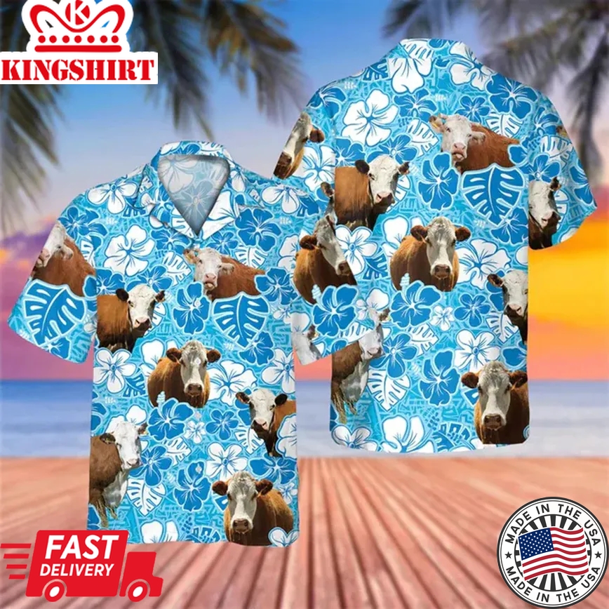 Hereford Blue Floral Trendy Hawaiian Shirt, Cow Hawaii Shirt, Cow Lovers Shirt For Men