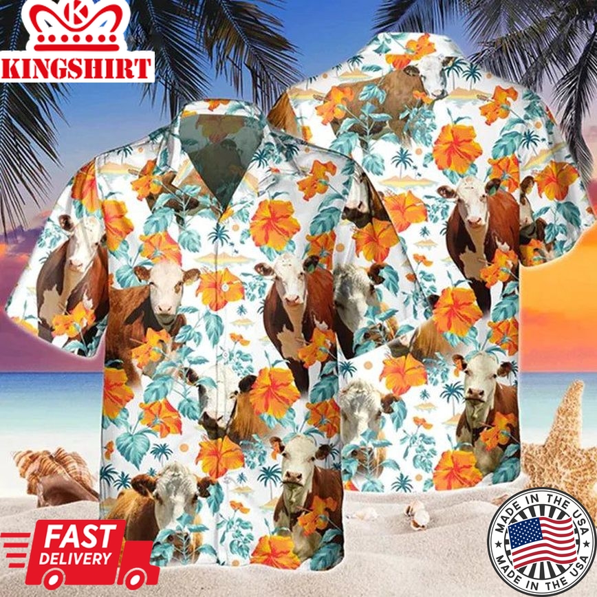 Hereford Bright Hibiscus Flowers Hawaiian Shirt, Cow Hawaii Shirts Men, Flowers Aloha Shirt For Cow Lovers