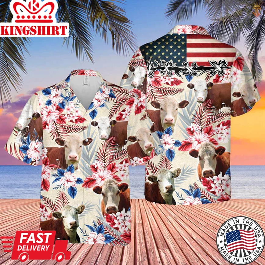 Hereford Cattle American Flag Flowers Trendy Hawaiian Shirt, Farm Cow Trendy Hawaiian Shirt For Men And Women