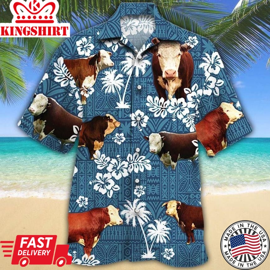 Hereford Cattle Blue Tribal Trendy Hawaiian Shirt, Cow Trendy Hawaiian Shirt For Summer Gifts