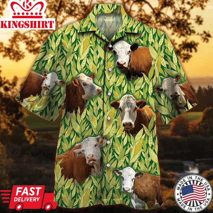 Hereford Cattle Hawaiian Shirt Men, Cow Lovers Short Sleeve Hawaiian Aloha Shirt