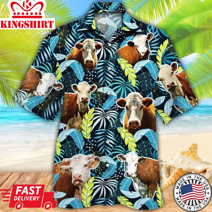 Hereford Cattle Jungle Leaves Hawaiian Shirt