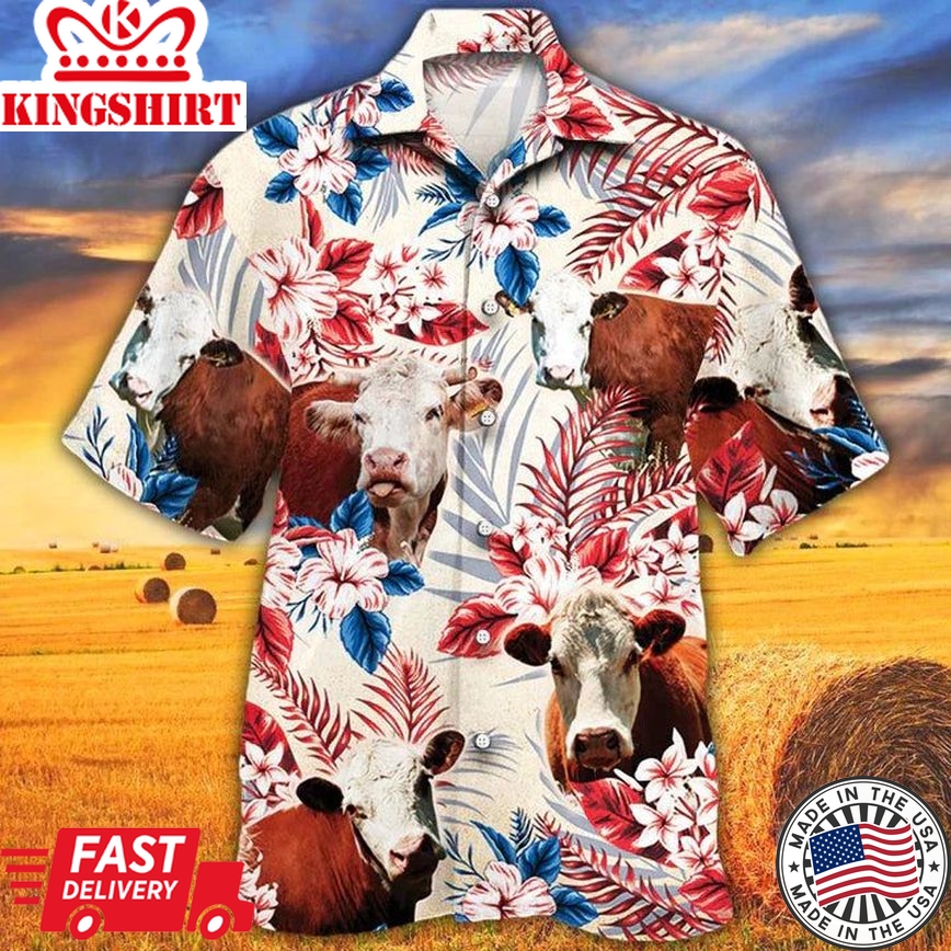 Hereford Cattle Lovers American Flag Hawaiian Shirt, Cow Flower Aloha Shirt, Hawaiian Shirt Men, Women