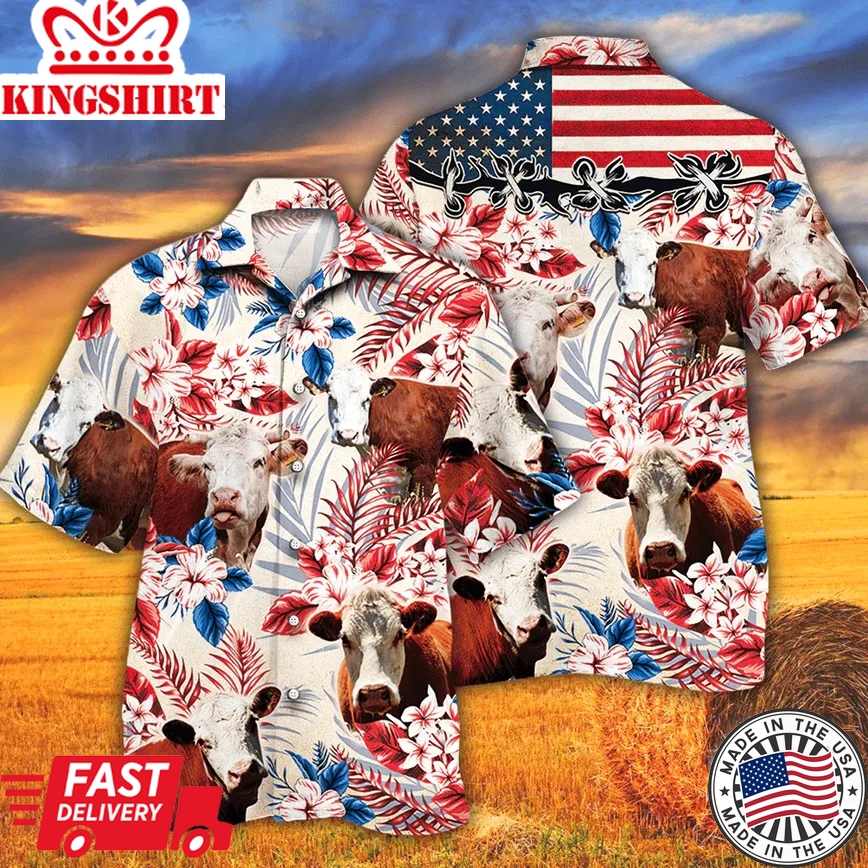 Hereford Cattle Lovers American Flag Trendy Hawaiian Shirt, Cow Trendy Hawaiian Shirt For Summer Gifts