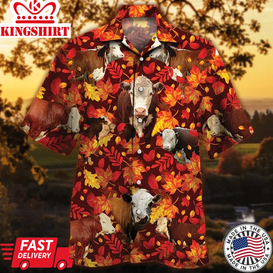 Hereford Cattle Lovers Autumn Red Leaves Trendy Hawaiian Shirt, Cow Trendy Hawaiian Shirt For Summer Gifts