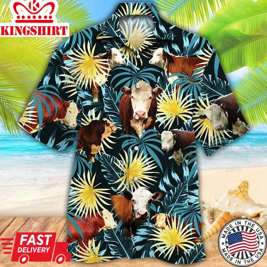 Hereford Cattle Lovers Blue And Yellow Plants Hawaiian Shirt