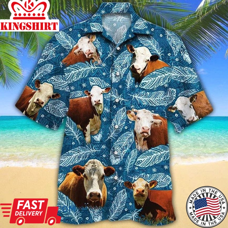 Hereford Cattle Lovers Blue Feather Hawaii Hawaiian Shirt