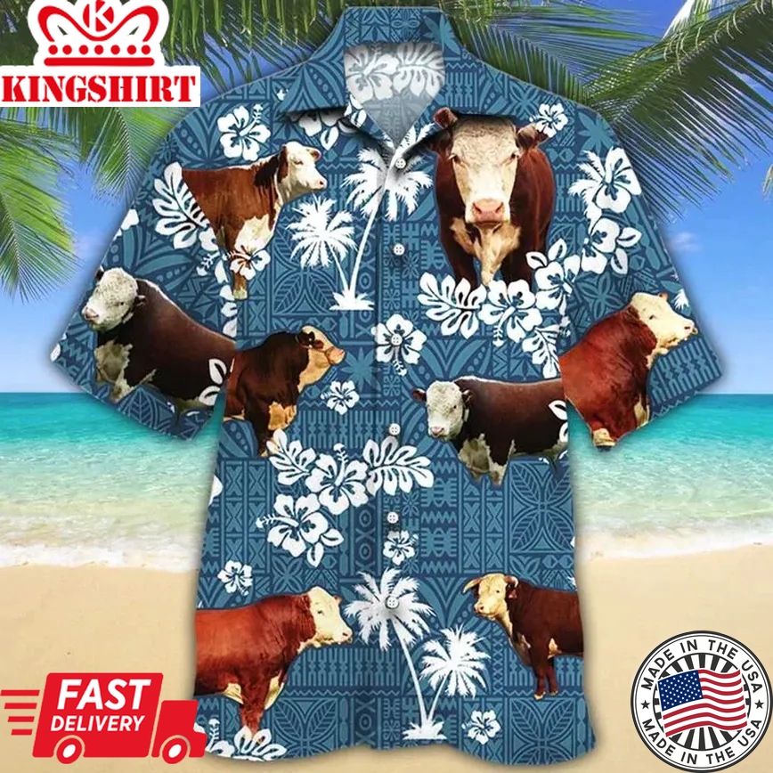 Hereford Cattle Lovers Blue Tribal Trendy Hawaiian Shirt, Cow Trendy Hawaiian Shirts For Men, Women