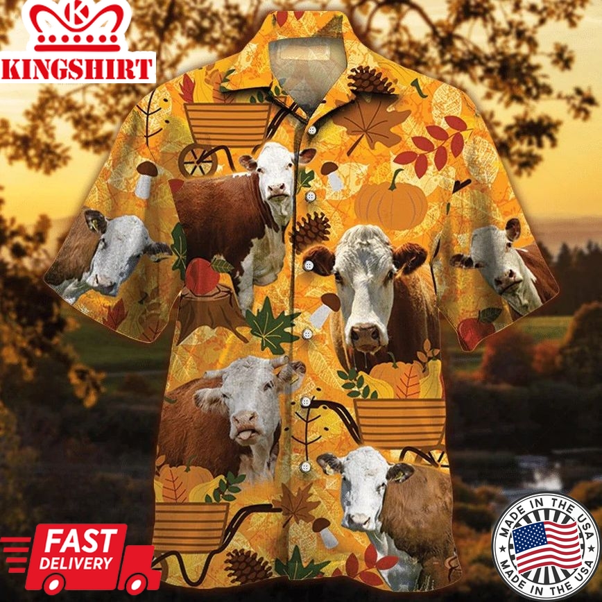 Hereford Cattle Lovers Orange Nature Autumn Hawaiian Shirt