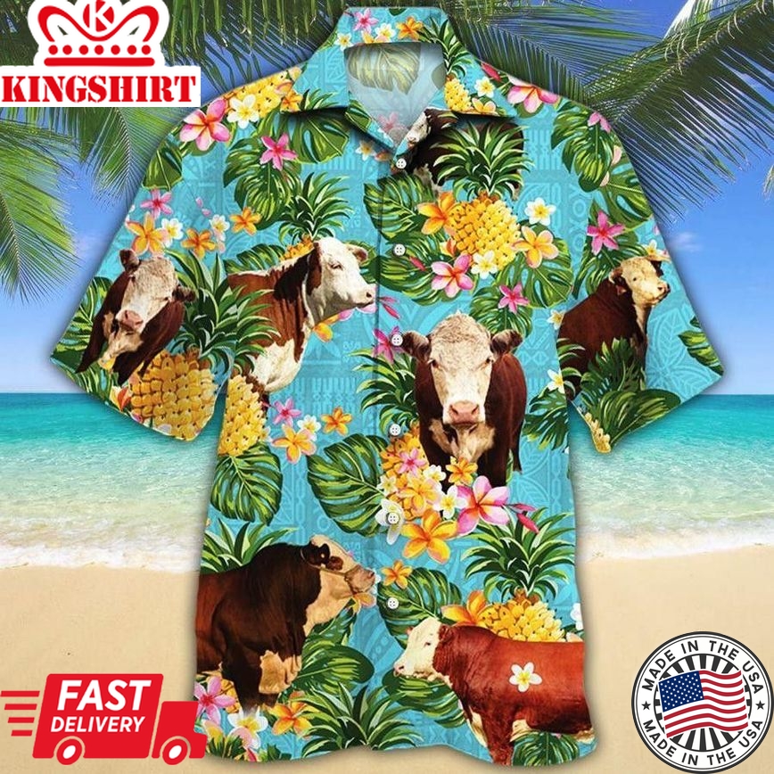 Hereford Cattle Lovers Pineapple Trendy Hawaiian Shirt, Cow Trendy Hawaiian Shirt For Summer Gifts