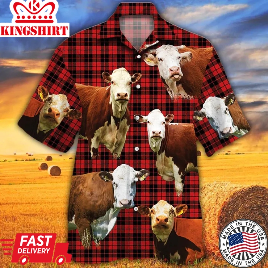 Hereford Cattle Lovers Red Tartan Pattern Trendy Hawaiian Shirt, Cow Trendy Hawaiian Shirt For Summer Gifts