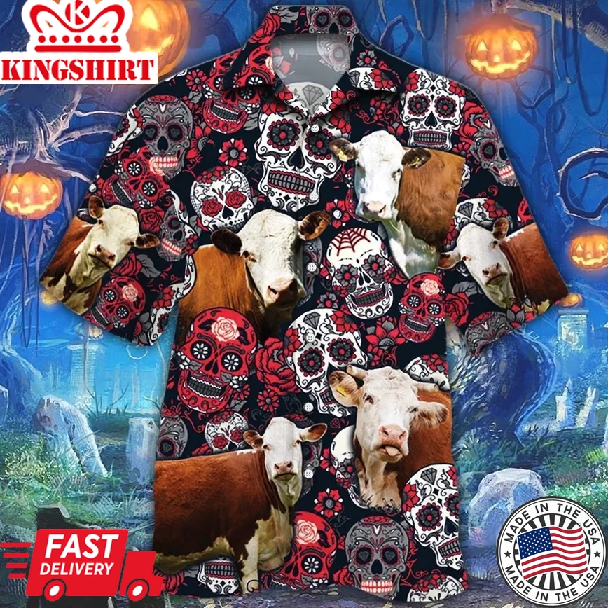 Hereford Cattle Lovers Sugar Skull Floral Trendy Hawaiian Shirt