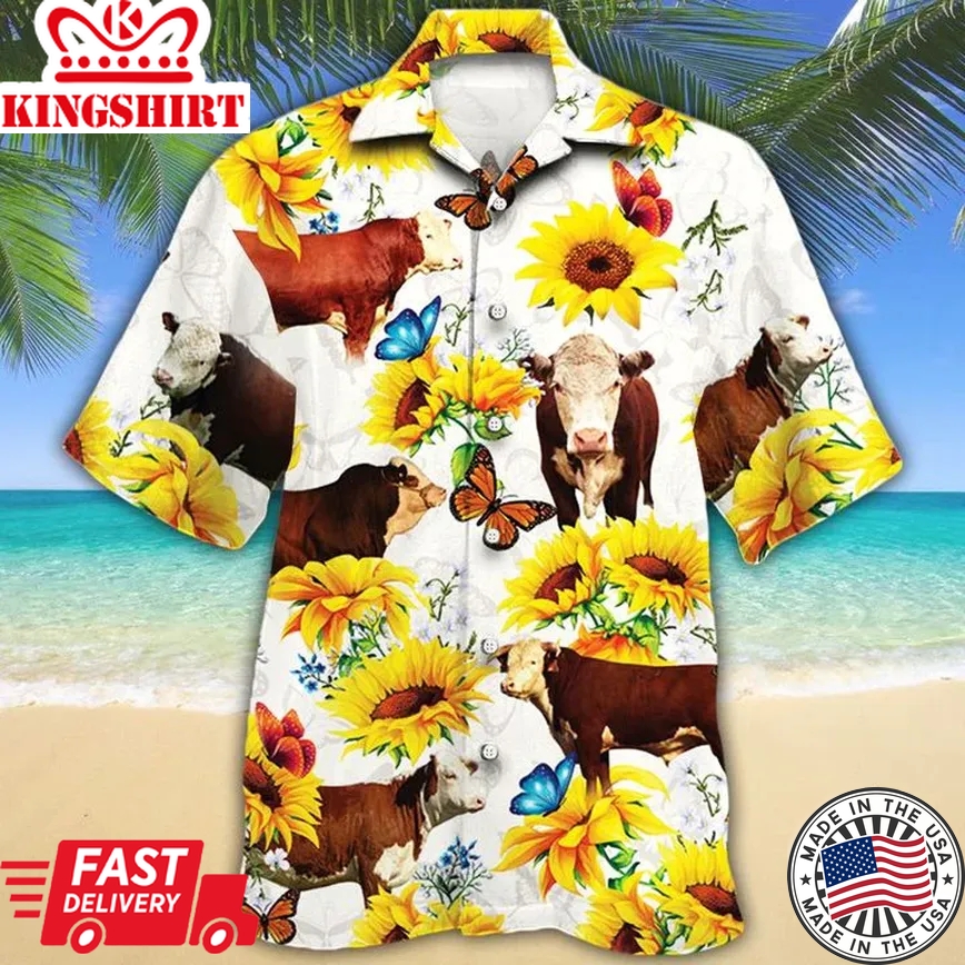 Hereford Cattle Lovers Sun Flower Trendy Hawaiian Shirt, Cow Trendy Hawaiian Shirt For Summer Gifts