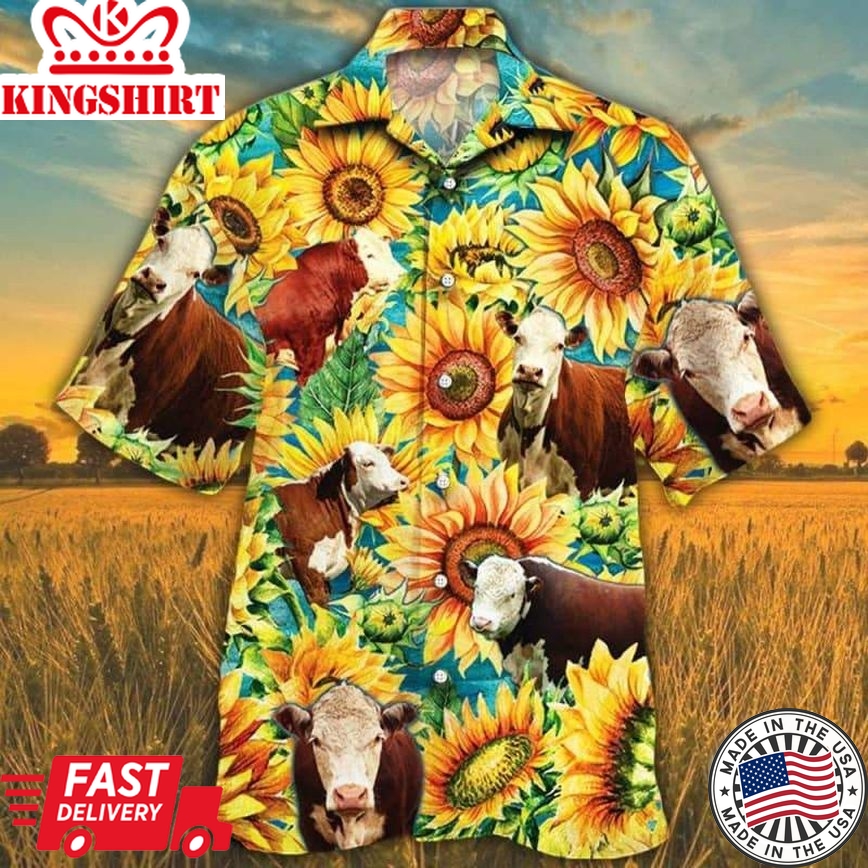 Hereford Cattle Lovers Sunflower Watercolor Trendy Hawaiian Shirt, Cow Trendy Hawaiian Shirt For Summer Gifts