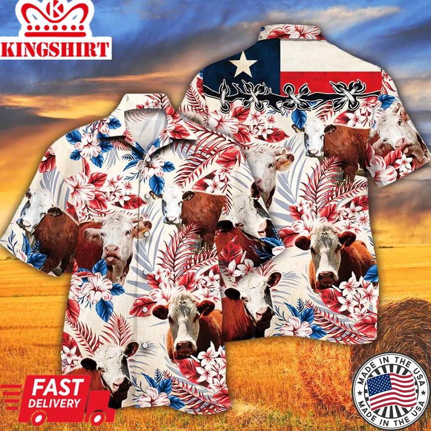 Hereford Cattle Lovers Texas Flag Trendy Hawaiian Shirt, Cow Trendy Hawaiian Shirt For Summer Gifts