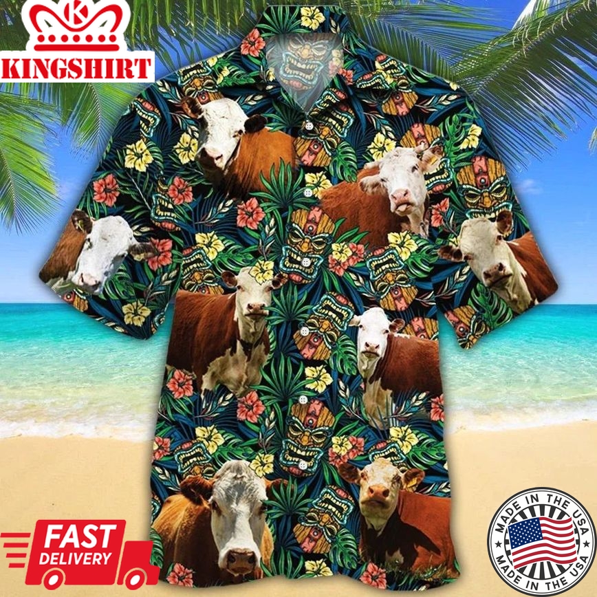 Hereford Cattle Lovers Tribal Tiki Mask Hawaiian Shirt