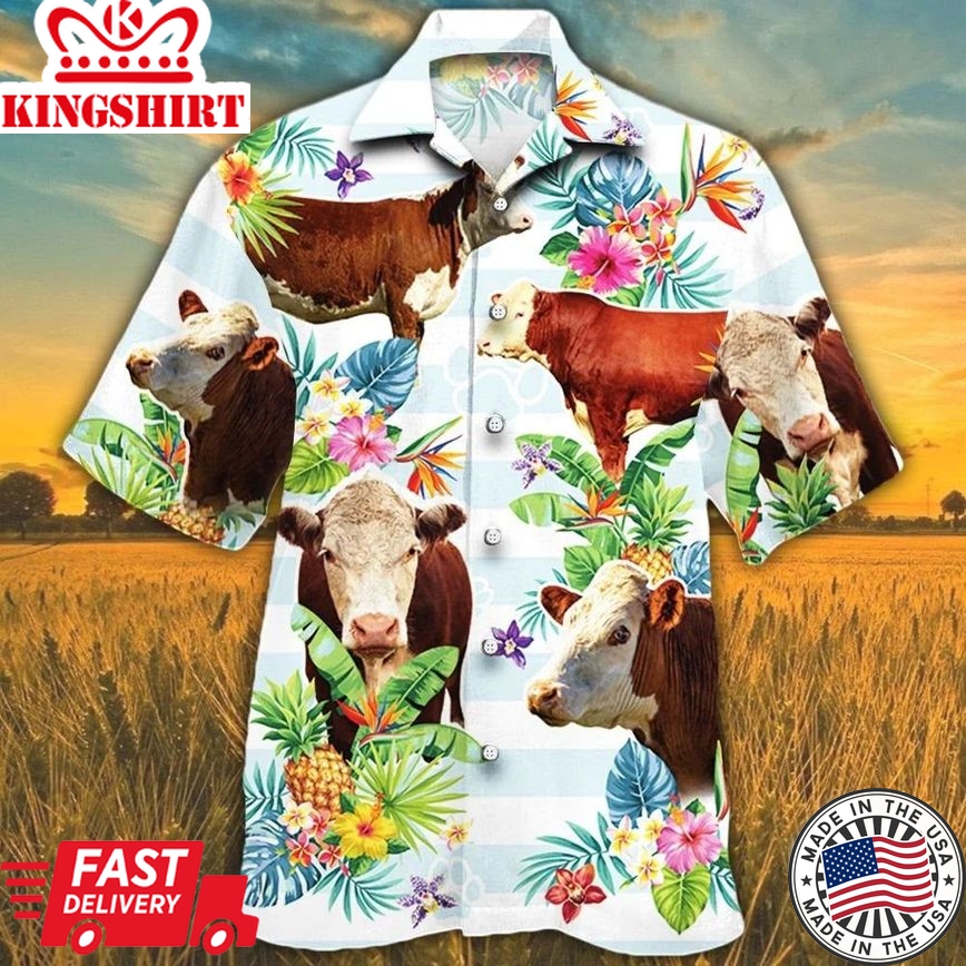 Hereford Cattle Lovers Tropical Flower Hawaiian Shirt