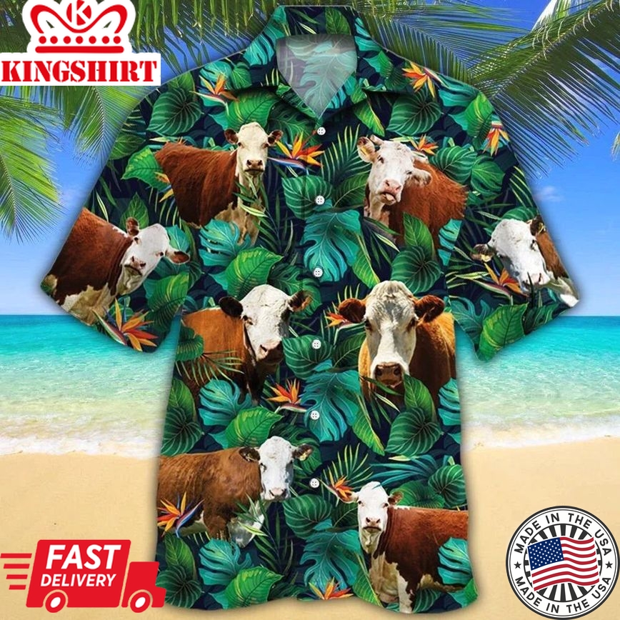 Hereford Cattle Lovers Tropical Leaves Hawaiian Shirt