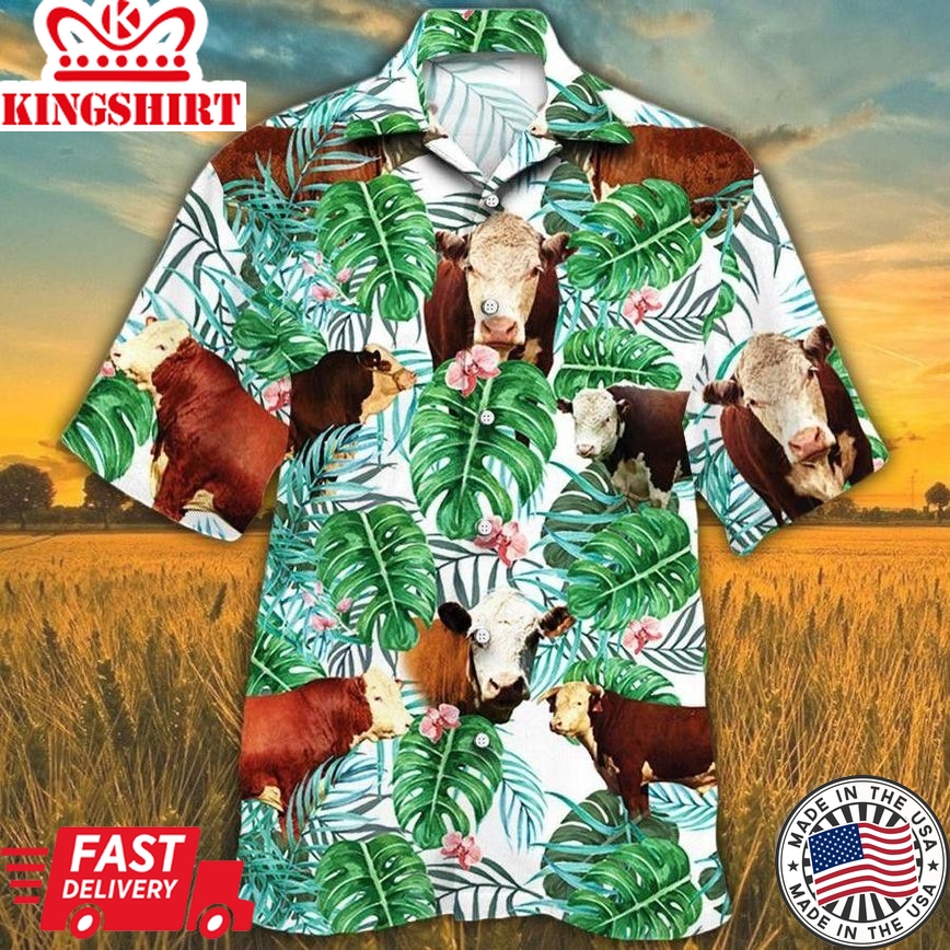 Hereford Cattle Lovers Tropical Plant Hawaii Shirt, Cow Trendy Hawaiian Shirt For Summer Gifts