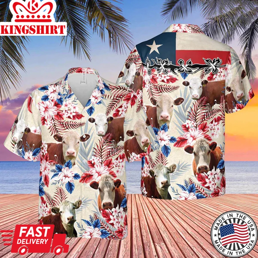 Hereford Cattle Texas Flag Trendy Hawaiian Shirt, Farm Cow Trendy Hawaiian Shirt For Men And Women