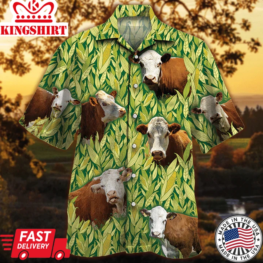 Hereford Cattle Trendy Hawaiian Shirt Men, Cow Lovers Short Sleeve Hawaiian Aloha Shirt