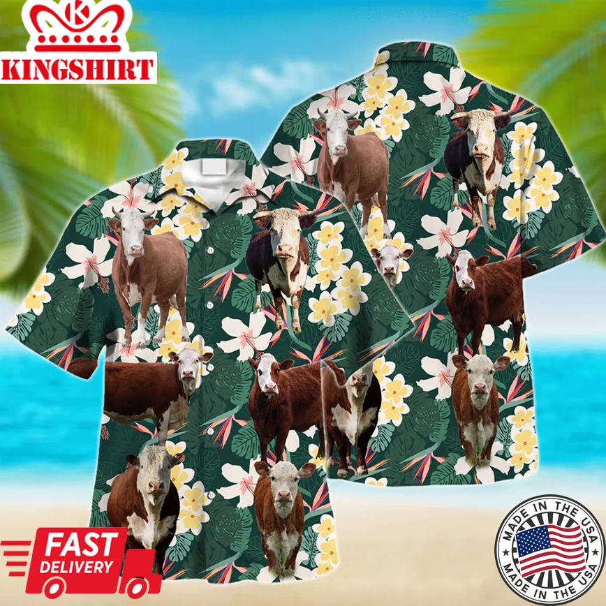 Hereford Cow Trendy Hawaiian Shirt, Farm Lover Hawaii Shirt, Cow Lovers, Shirt For Men, Tropical Shirts, Gift For Him