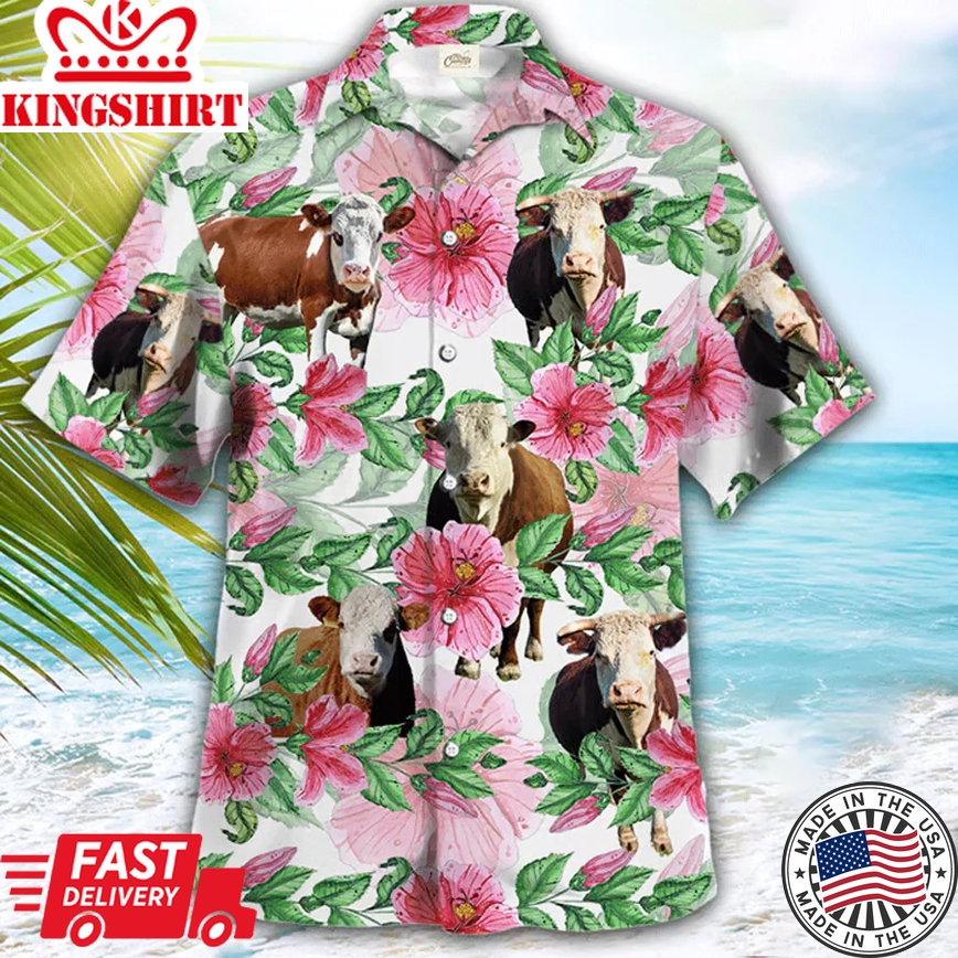 Hereford Cow Trendy Hawaiian Shirt, Farmer Trendy Hawaiian Shirts, Summer Tropical Shirts, Gift For Him, Funny Trendy Hawaiian Shirts