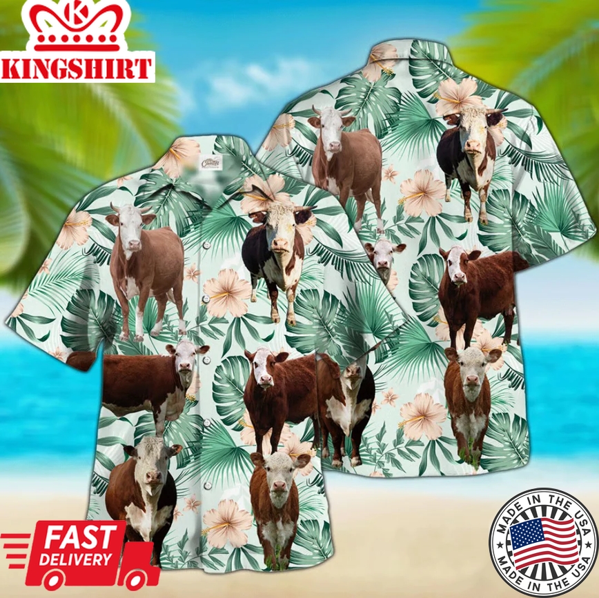 Hereford Cow Trendy Hawaiian Shirt For Farm Lovers, Summer Trendy Hawaiian Shirt For Men And Women