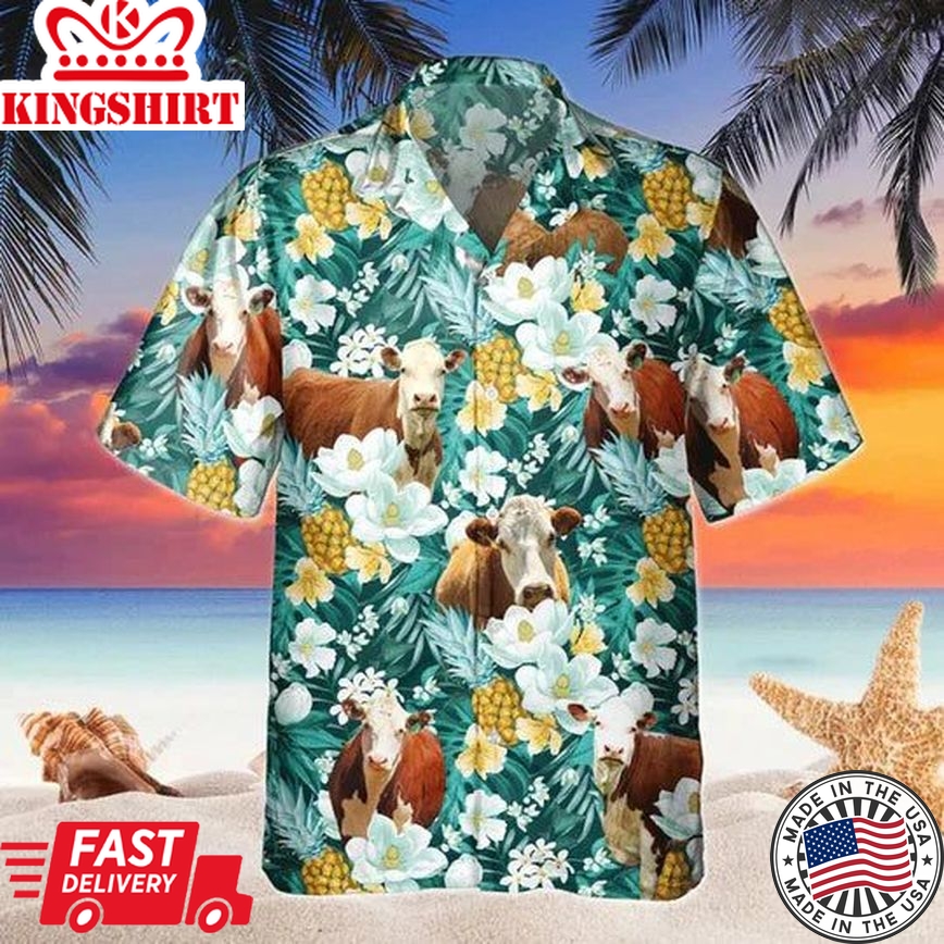 Hereford Floral Hawaiian Shirt, Beach Shirt For Farm Animal Lovers