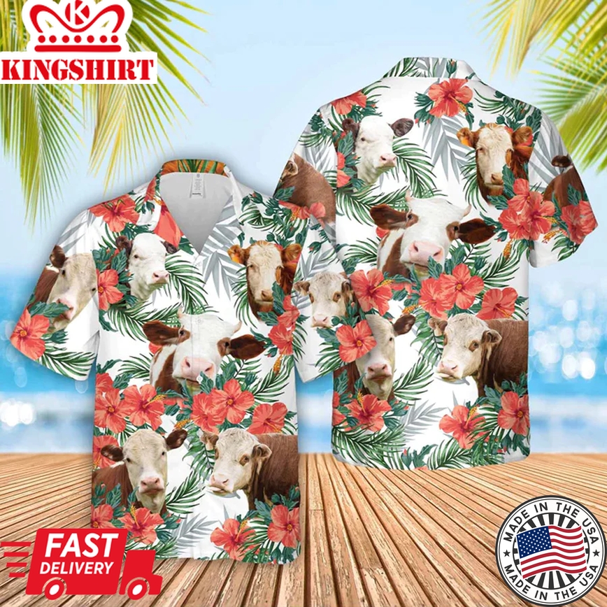 Hereford Hawaiian Flowers Trendy Hawaiian Shirt, Gift For Farm Clothing, Summer Gift For Men And Women