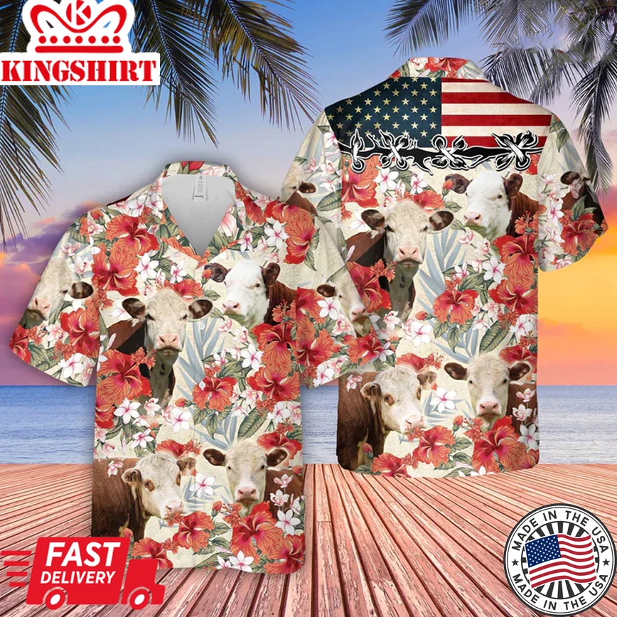 Hereford Hibicus Floral Us Flag 3D Trendy Hawaiian Shirt, Summer Gift For Men And Women