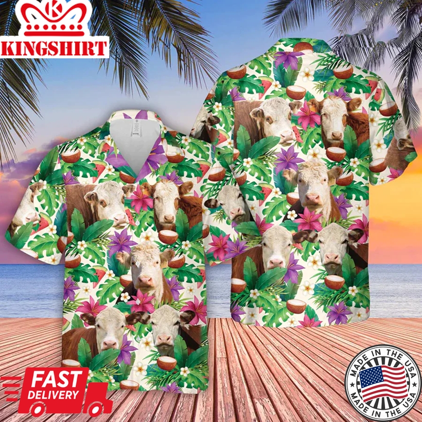 Hereford Summer Floral 3D Trendy Hawaiian Shirt, Farm Lover Hawaii Shirt, Hawaiian Casual Button Down Shirt