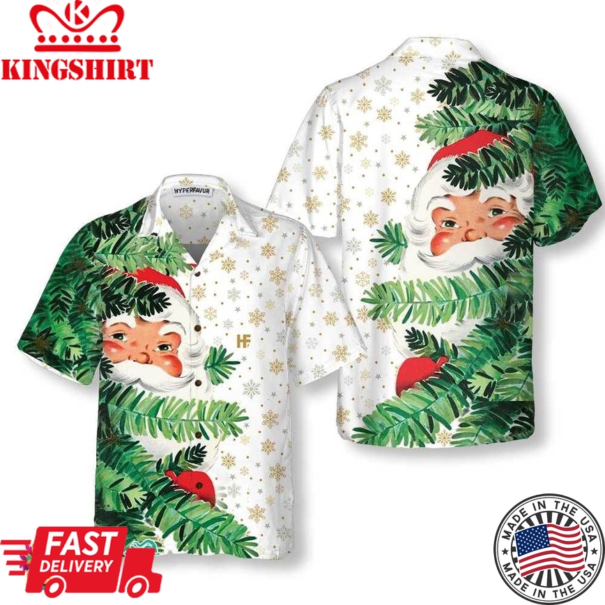 Hi Santa Behind Christmas Tree Christmas Hawaiian Shirt, Cute Santa Claus Hawaiian Shirt