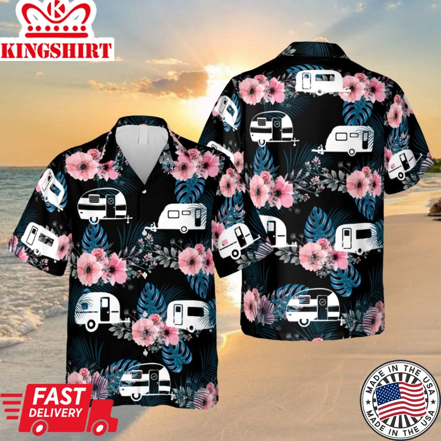 Hibicus And Recreational Vehicle Black Trendy Hawaiian Shirt, Summer Outfit For Men