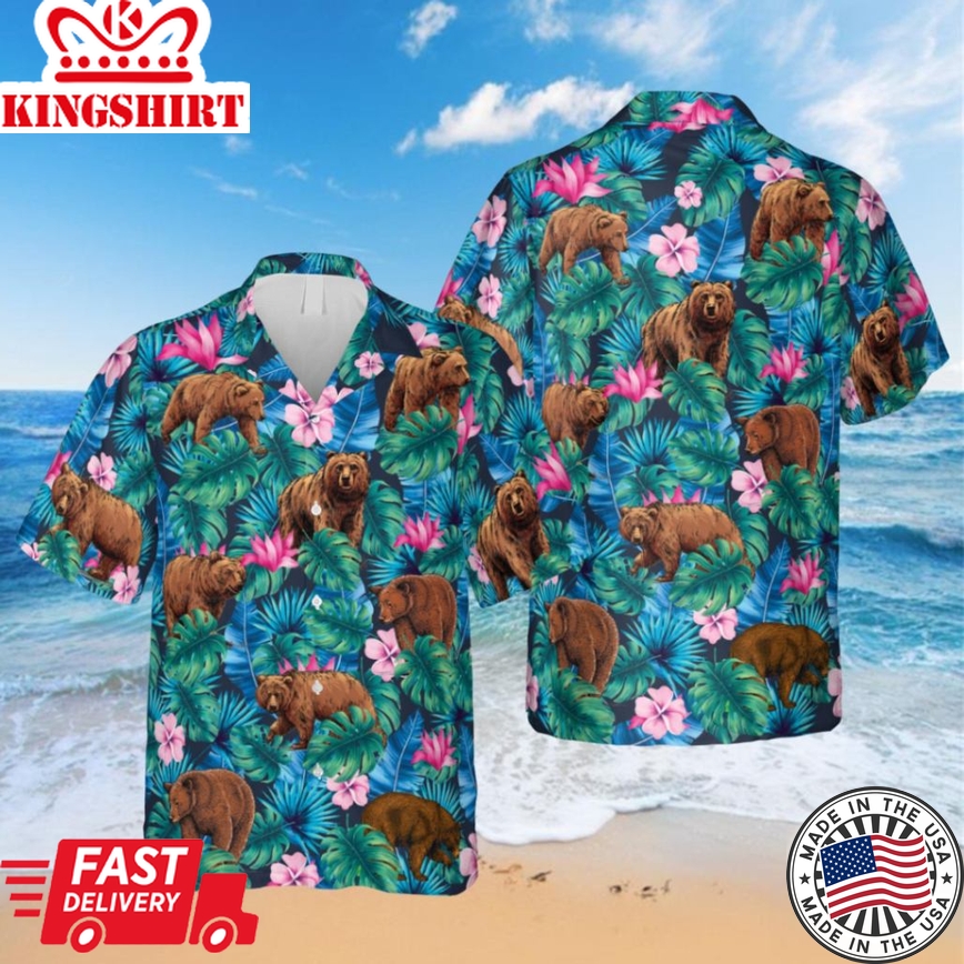 Hibicus Flowers Bear Trendy Hawaiian Shirt, Shirt For Men