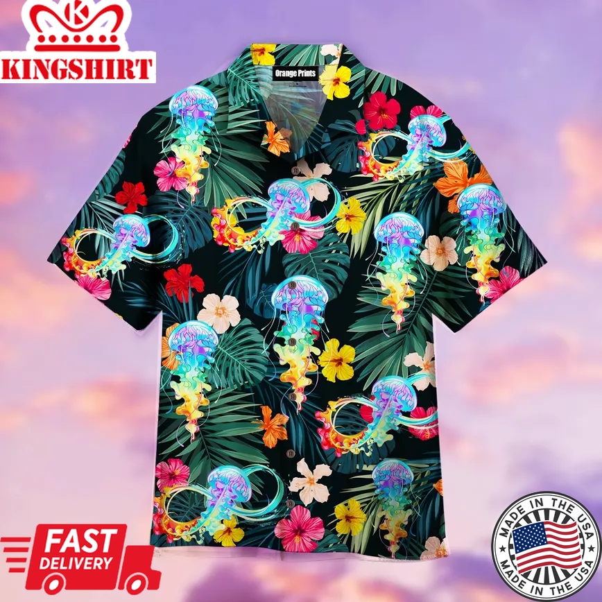 Hibiscus Flower Rainbow Jellyfish Trendy Hawaiian Shirt For