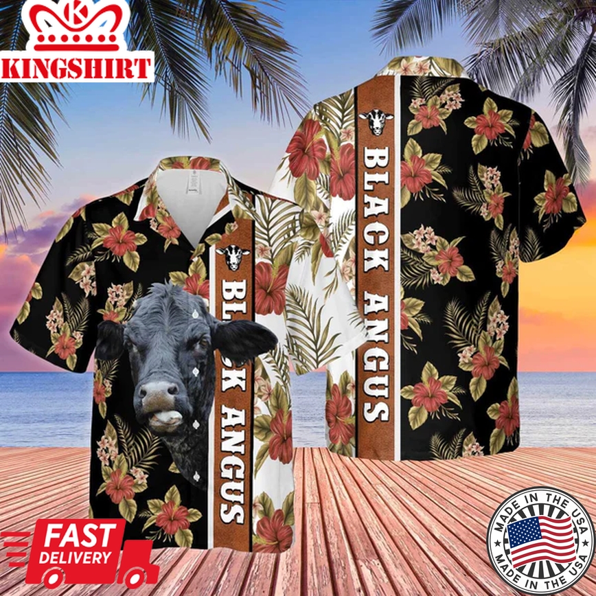 Hibiscus Flowers Black Angus Cattle Brown Trendy Hawaiian Shirt, Summer Gifts For Men And Women