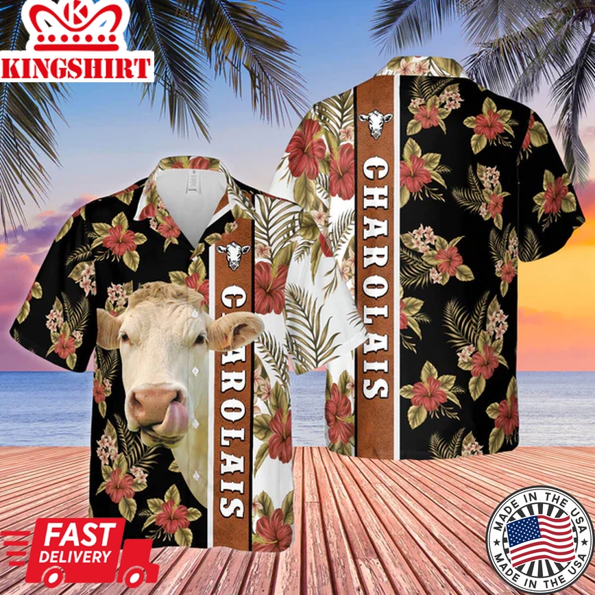 Hibiscus Flowers Charolais Cattle Brown Trendy Hawaiian Shirt, Summer Gifts For Men And Women