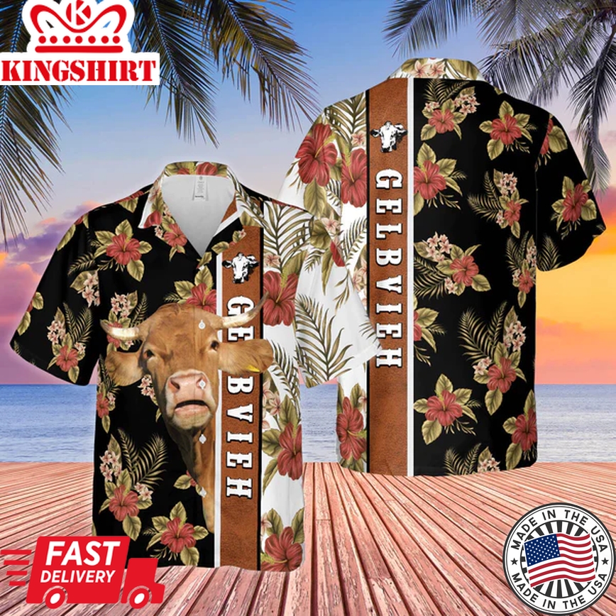 Hibiscus Flowers Gelbvieh Cattle Brown Trendy Hawaiian Shirt, Cow Trendy Hawaiian Shirt, Summer Gifts For Men And Women