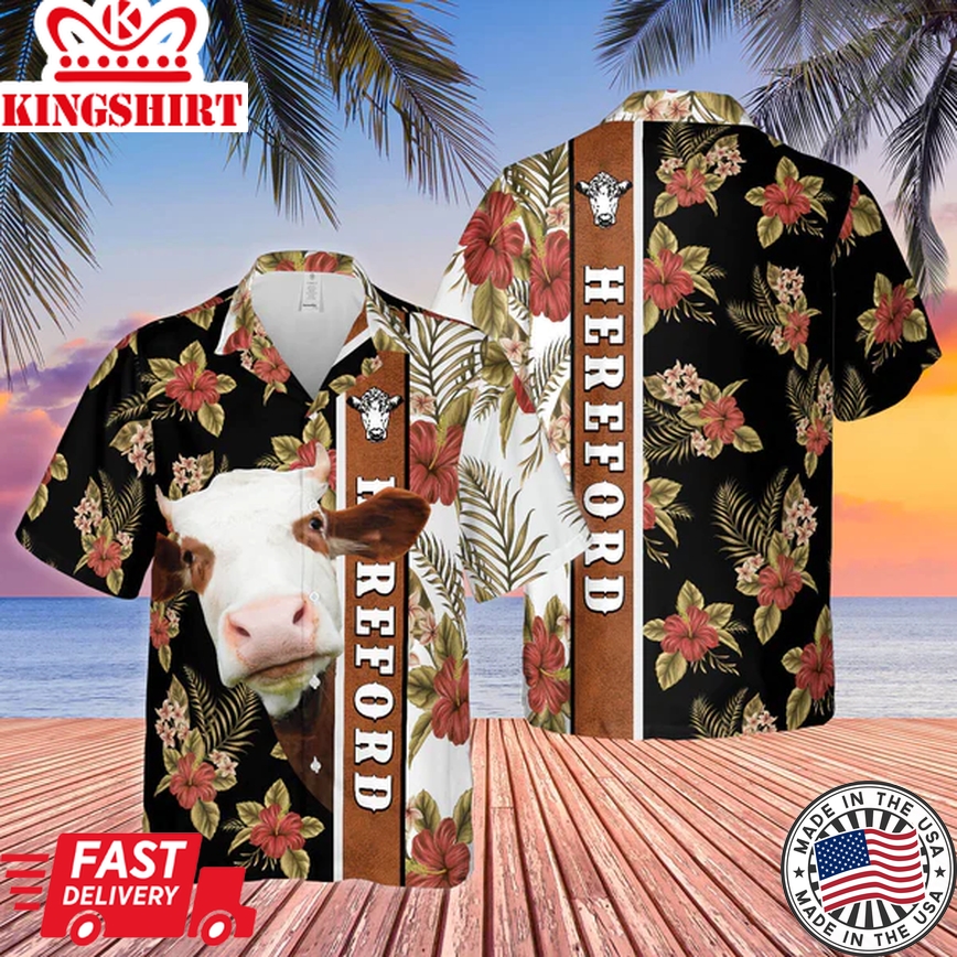 Hibiscus Flowers Hereford Cattle Brown Trendy Hawaiian Shirt, Summer Gifts For Men And Women