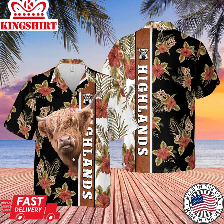 Hibiscus Flowers Highlands Cattle Brown Trendy Hawaiian Shirt, Cow Trendy Hawaiian Shirt, Summer Gifts For Men And Women