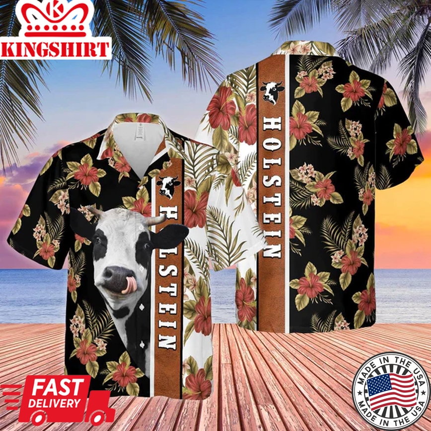 Hibiscus Flowers Holstein Cattle Brown 3D Trendy Hawaiian Shirt, Cow Trendy Hawaiian Shirt, Summer Gifts For Men And Women