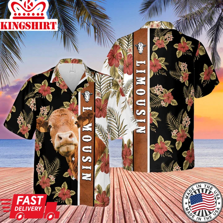 Hibiscus Flowers Limousin Cattle Brown All Over Printed 3D Hawaiian