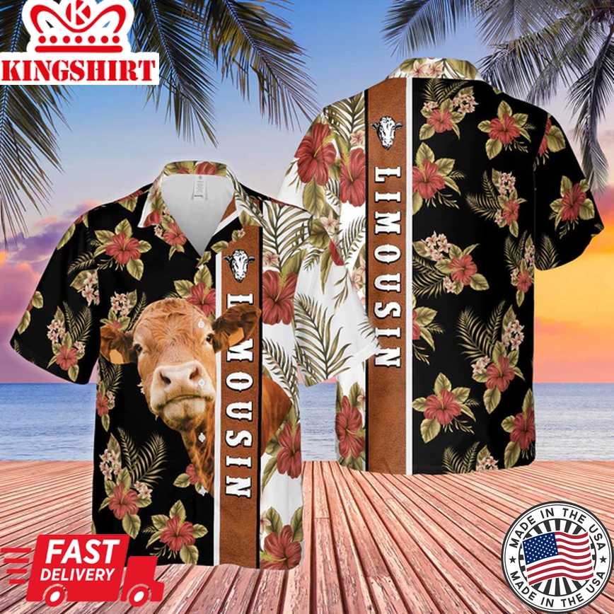 Hibiscus Flowers Limousin Cattle Brown Trendy Hawaiian Shirt, Cow Trendy Hawaiian Shirt, Summer Gifts For Men And Women