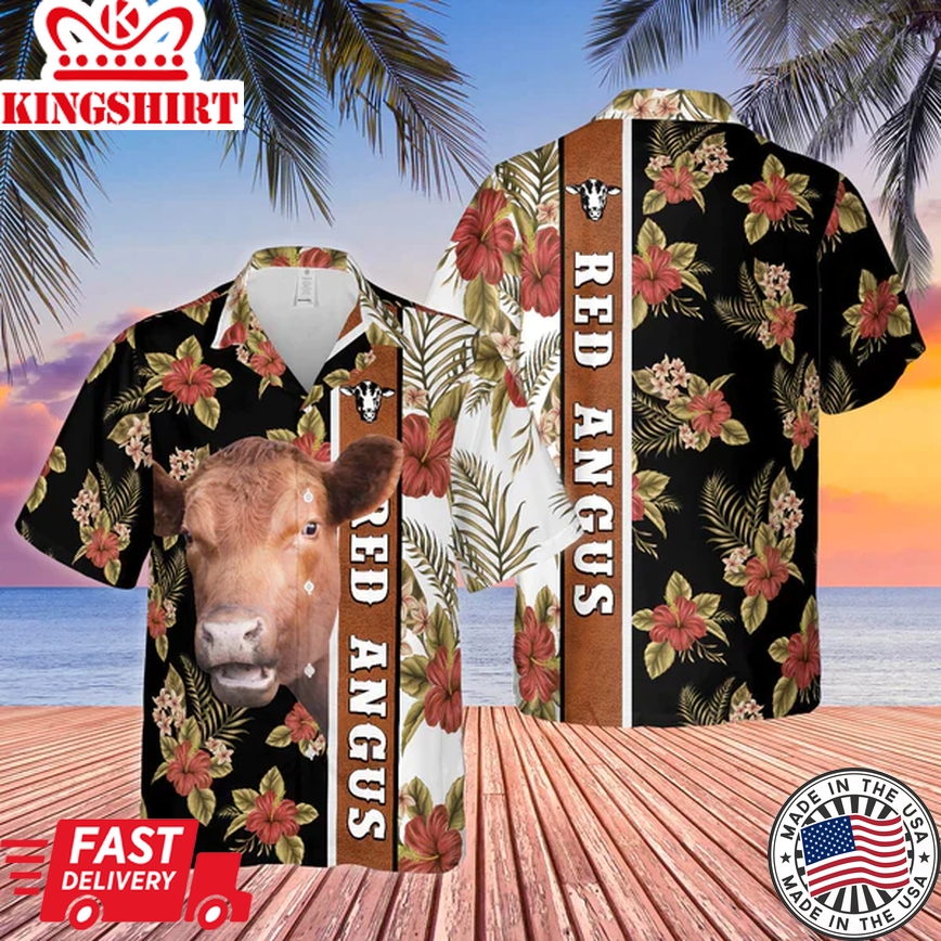 Hibiscus Flowers Red Angus Cattle Brown Trendy Hawaiian Shirt, Cow Trendy Hawaiian Shirt, Summer Gifts For Men And Women